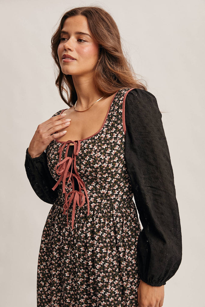 Floral Patchwork Lace-Up Maxi Dress