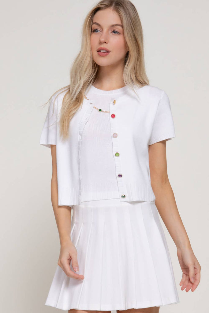 Short Sleeve Rainbow Button Cardi: Off White