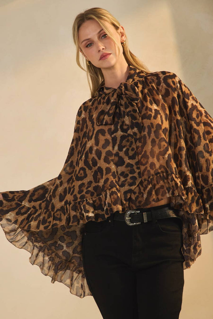 Leopard Chiffon Cape Blouse