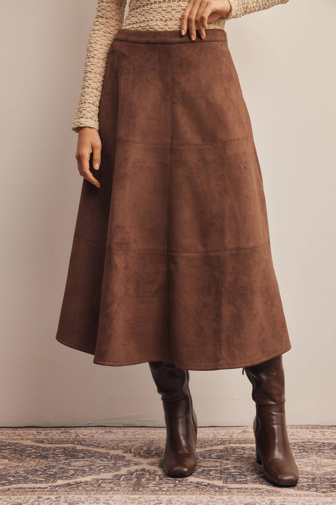 Stretch Suede A-Line Midi Skirt: Mocha