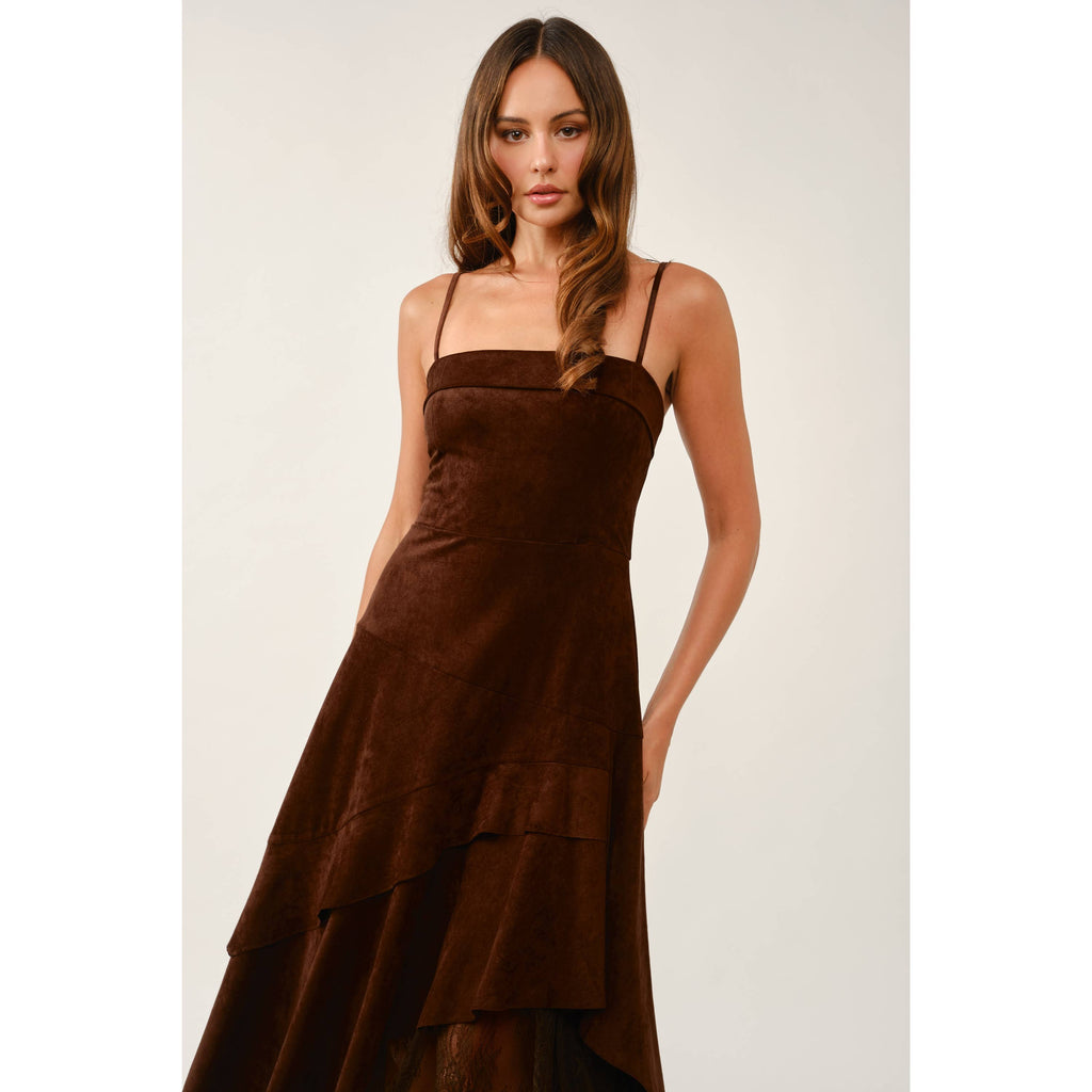 Chocolate Faux Suede And Lace Dress