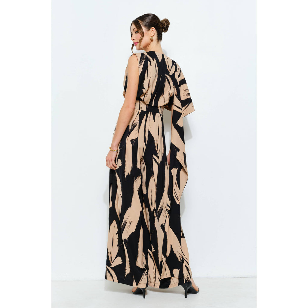 Abstract Draped Scarf-Neck Jumpsuit: