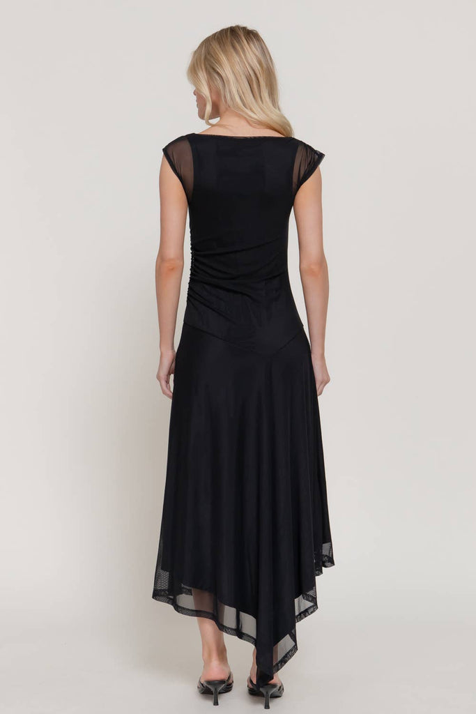 Asymmetric Gathered Mesh Midi Dress