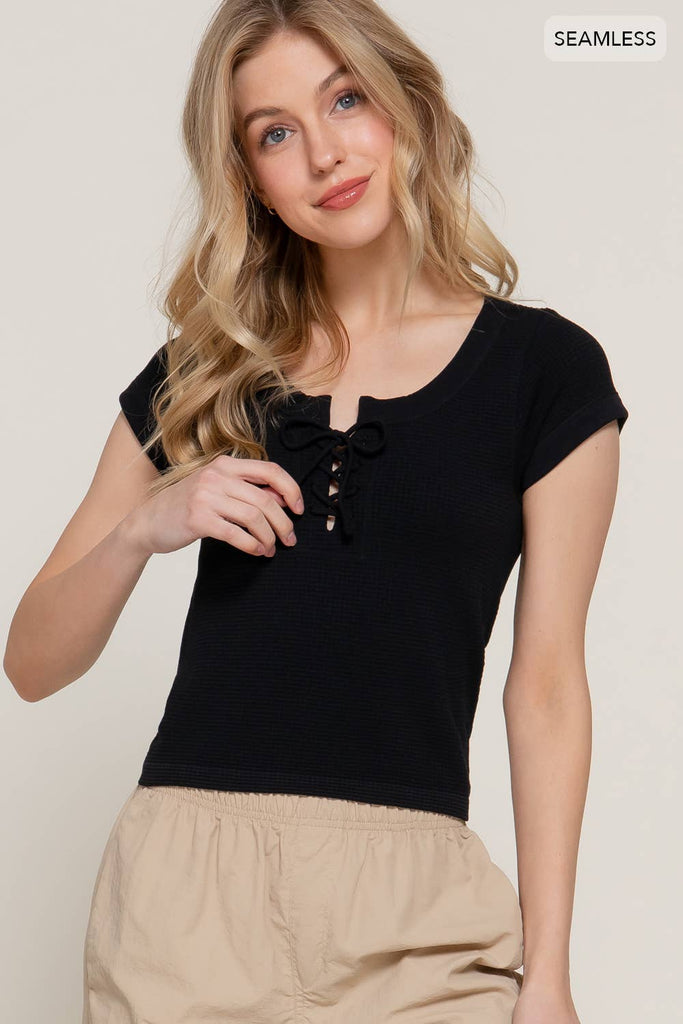 Lace Up Waffle Knit Tee-Black