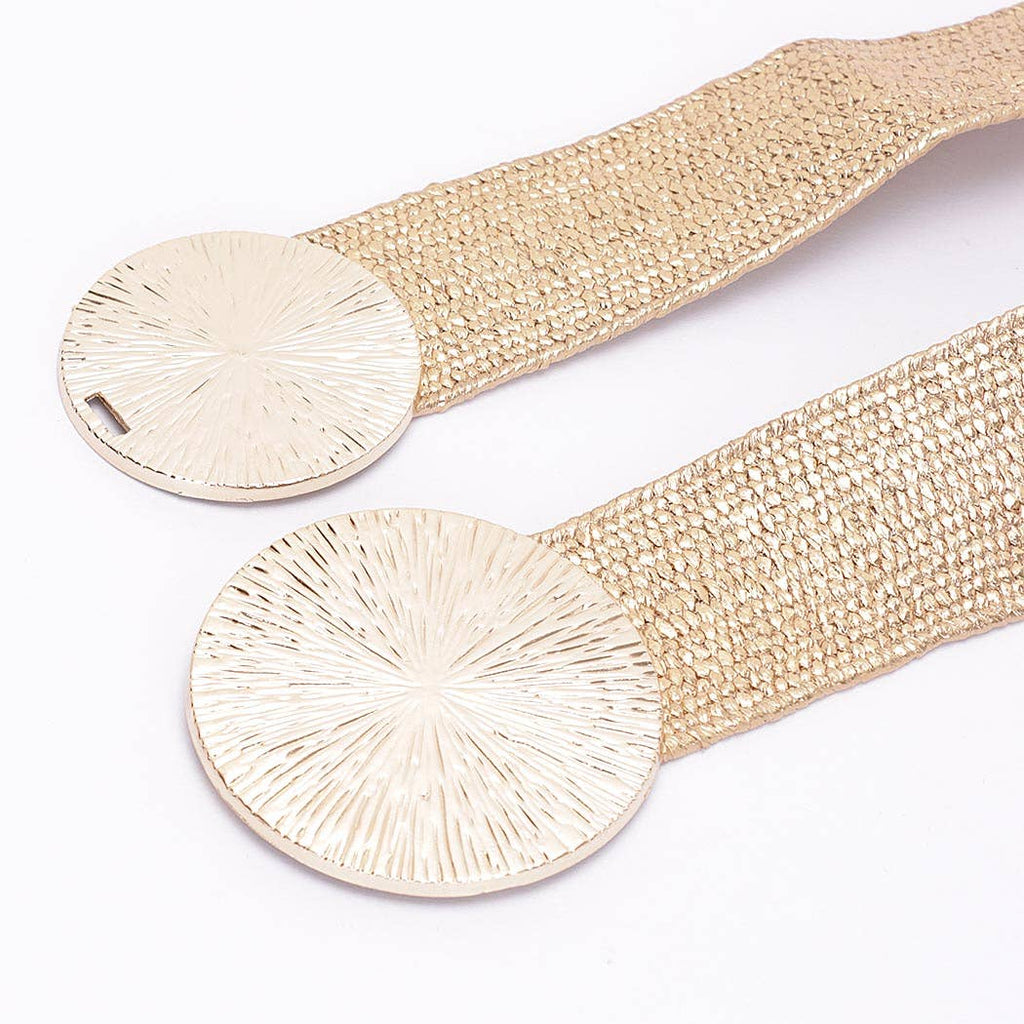 Round Buckle Stretch Rattan Belt: Gold