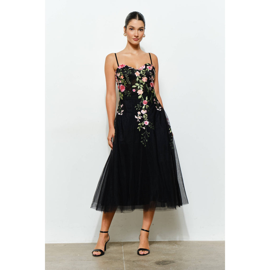 Embroidered Sweetheart Tulle Midi Dress