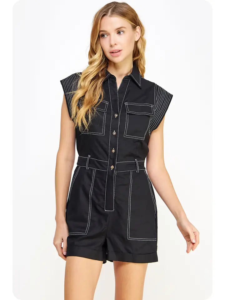 Top-stitch Vintage Style Romper: Black