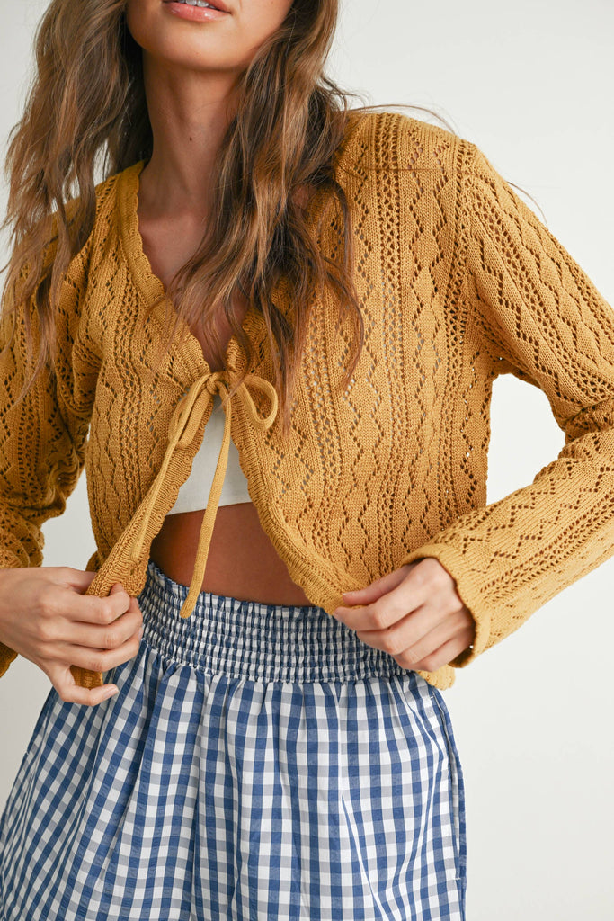 Cotton Crochet Tie-Front Cardigan: Honey