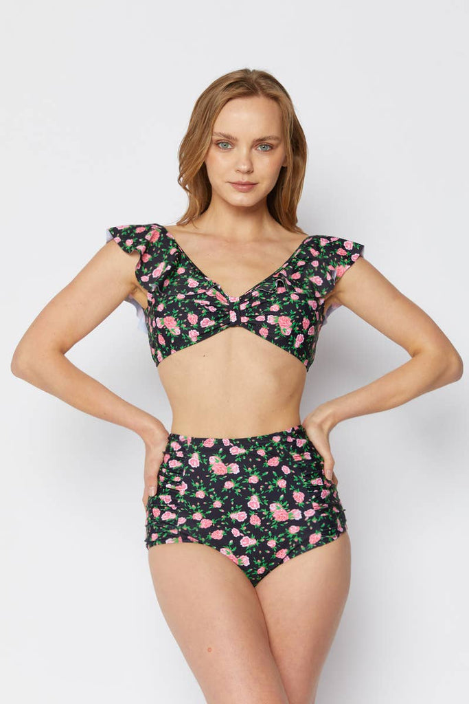 Ruffle Sleeve Bikini: Pink Roses
