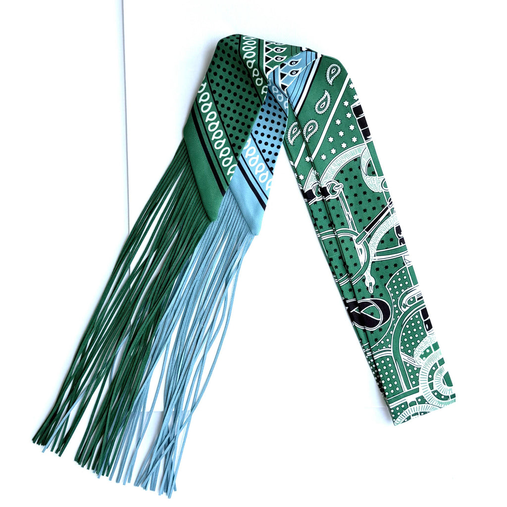 Fringe Scarf Horsebit Print Green Blue