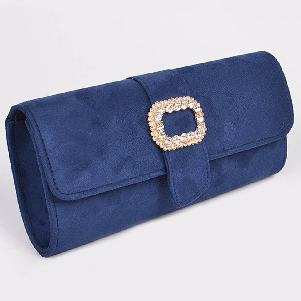 Faux Suede Buckle Clutch: Navy