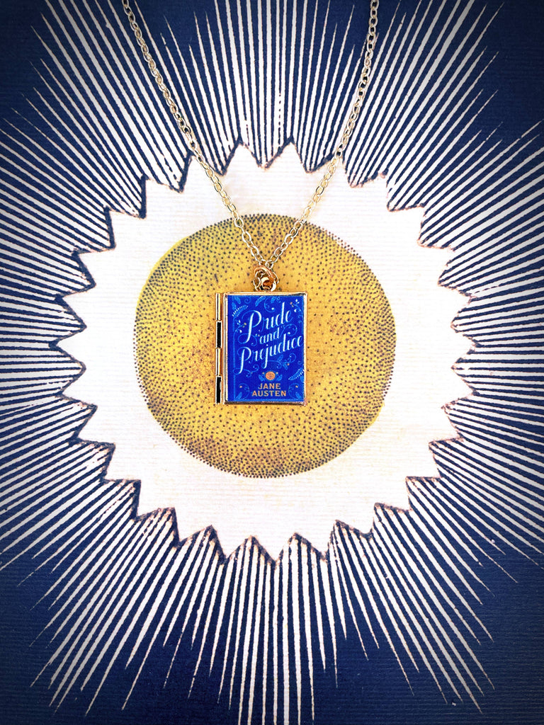 Book Locket Necklace - Pride and Prejudice - New Blue: Brass