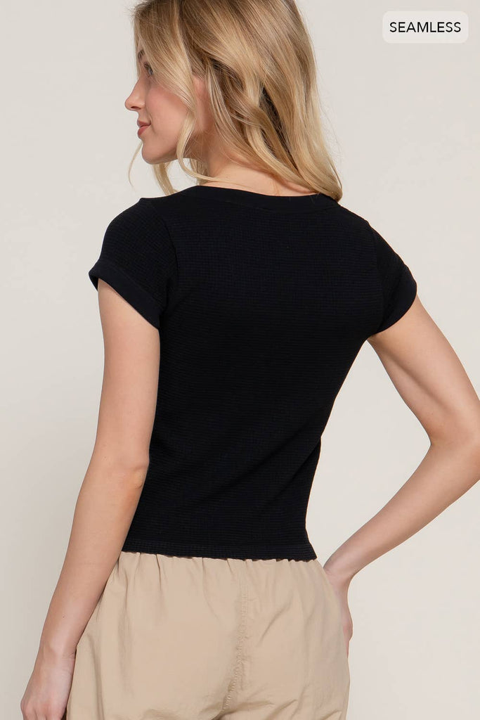 Lace Up Waffle Knit Tee-Black