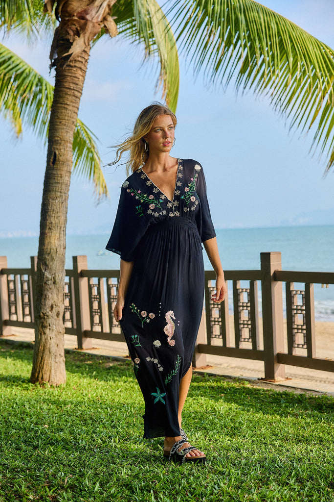 Seahorse Embroidered Caftan Dress
