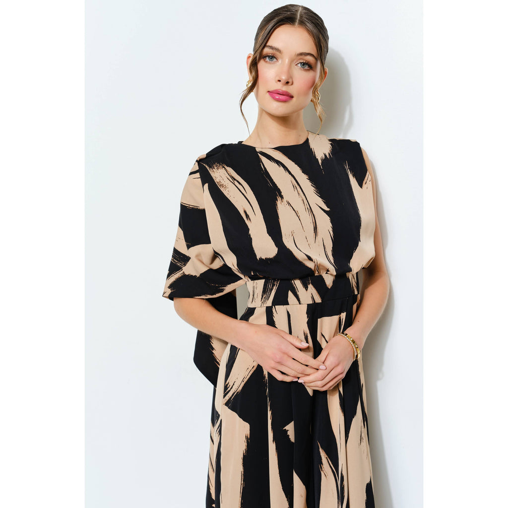 Abstract Draped Scarf-Neck Jumpsuit: