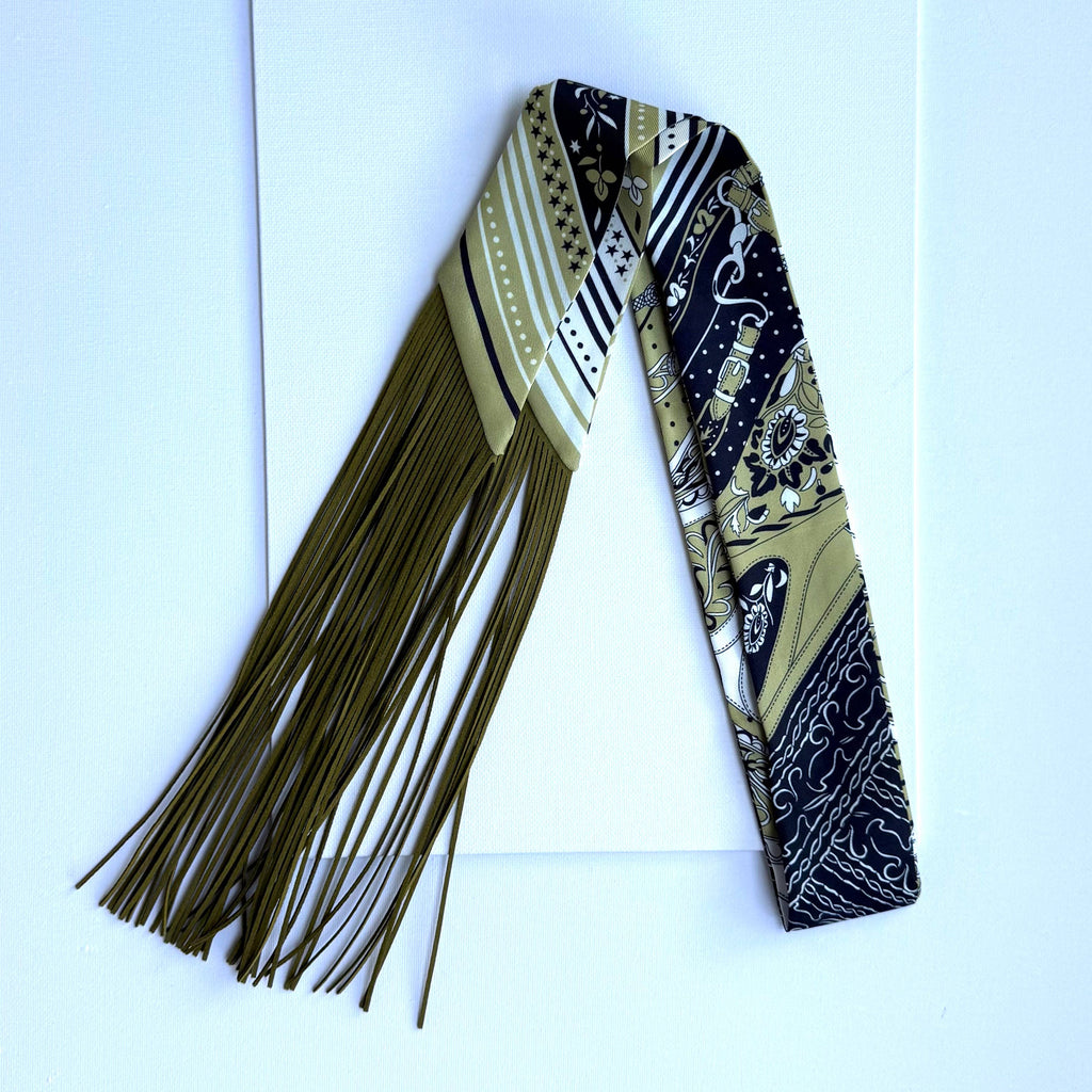 Fringe Scarf Belt Print Olive Green Black