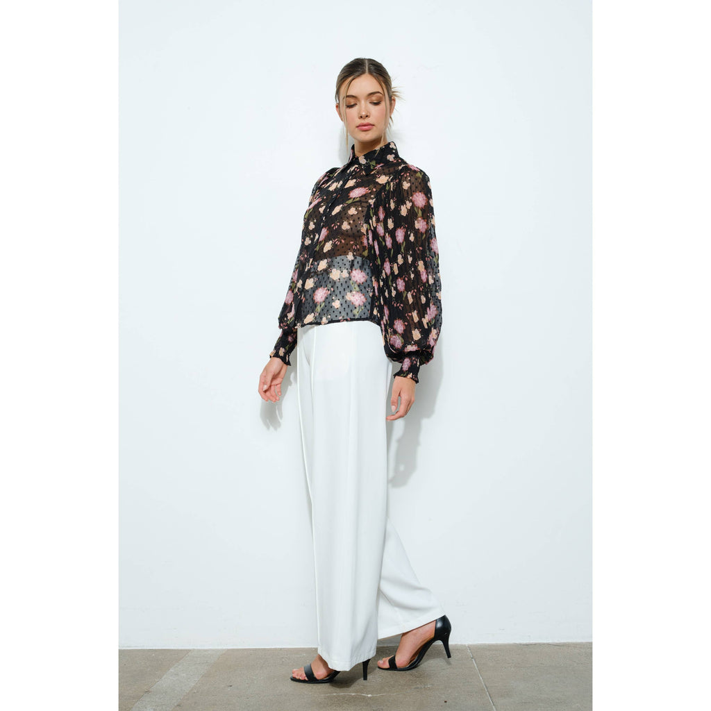 Floral Pleated Sleeve Blouse Top