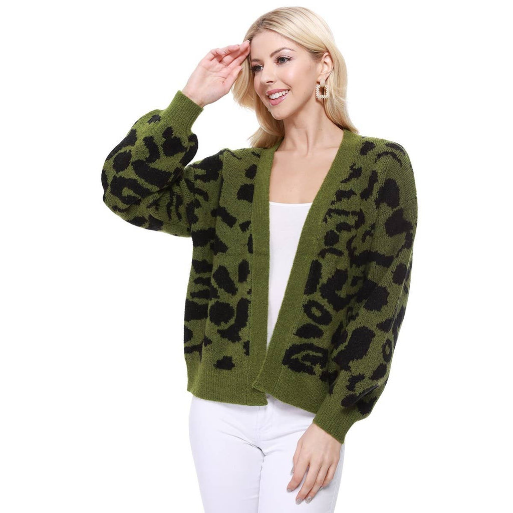 Leopard Open Front Cardigan: Sage