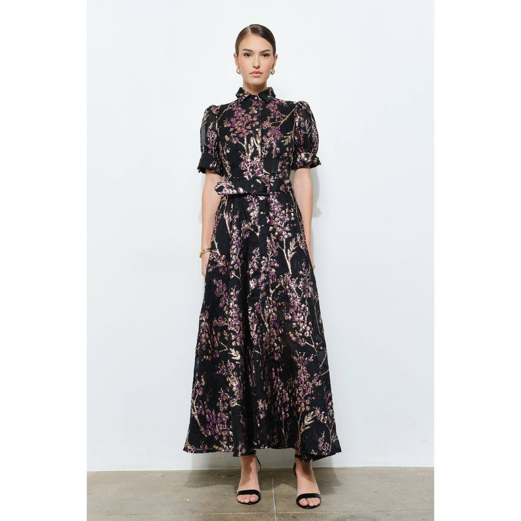 Golden Lurex Floral Jeweled Maxi Dress