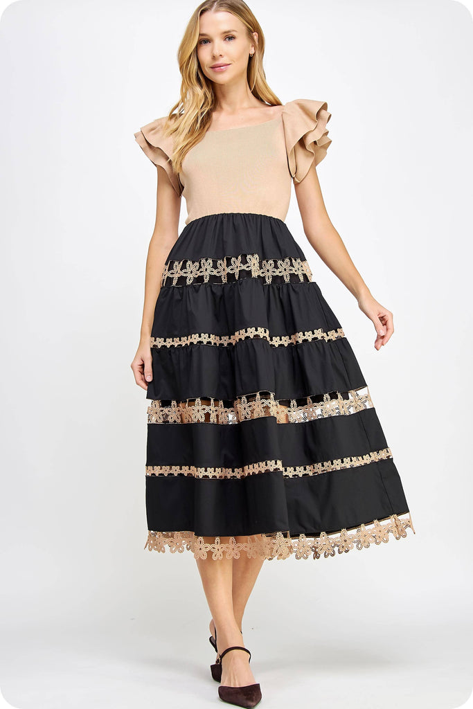 Mixed Media Lace Trim Midi Dress
