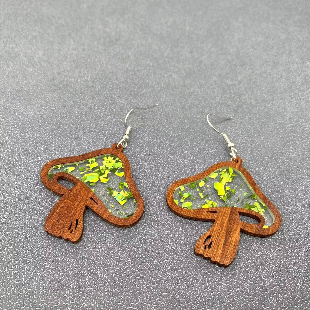 Acrylic Wood Mushroom Earrings