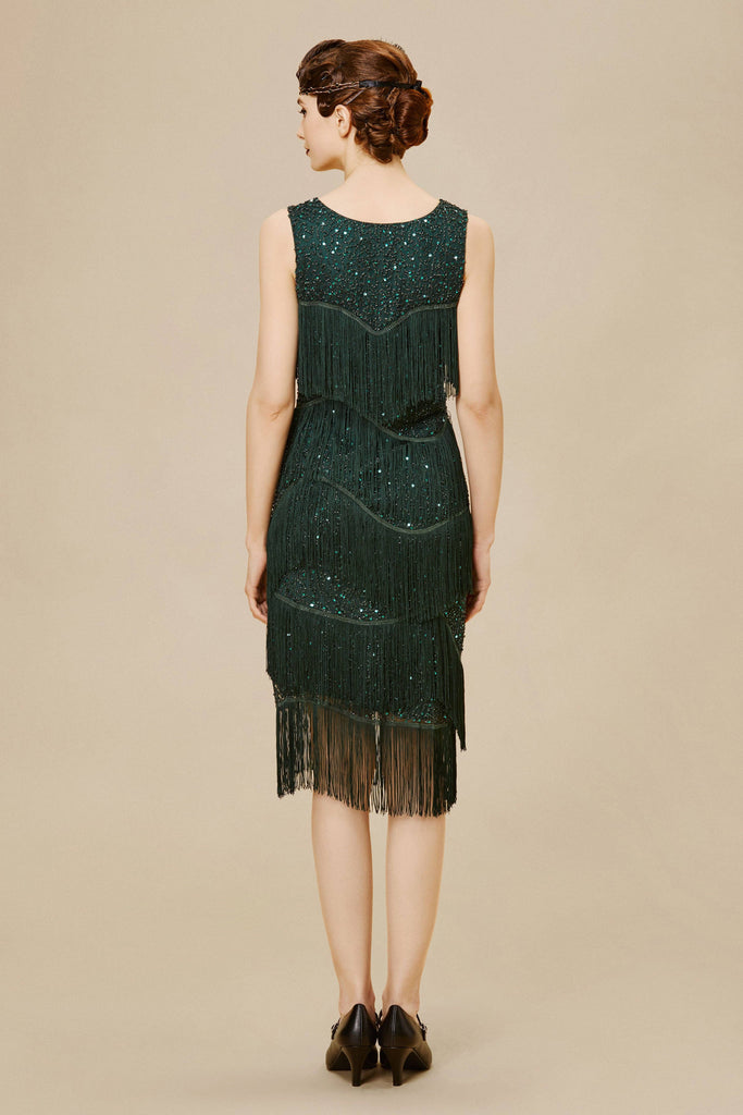 Dark Green Glitter Fringe Bias Hem Dress