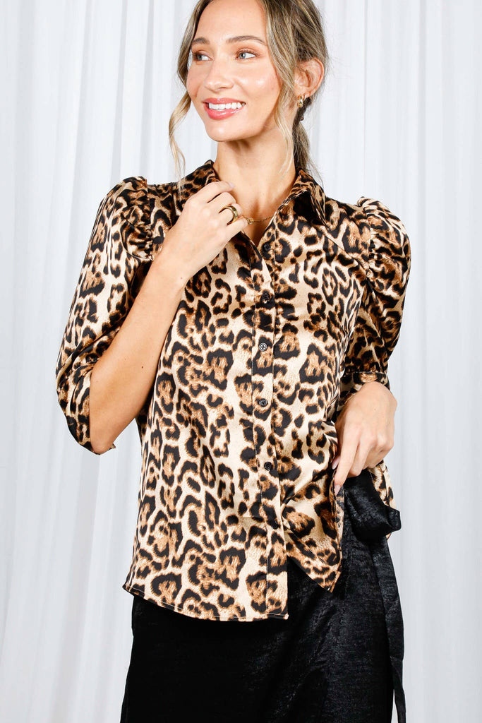 Leopard-Print Puff Sleeve Satin Blouse