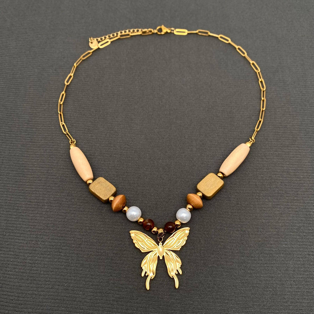 Wooden Beads Butterfly Necklace