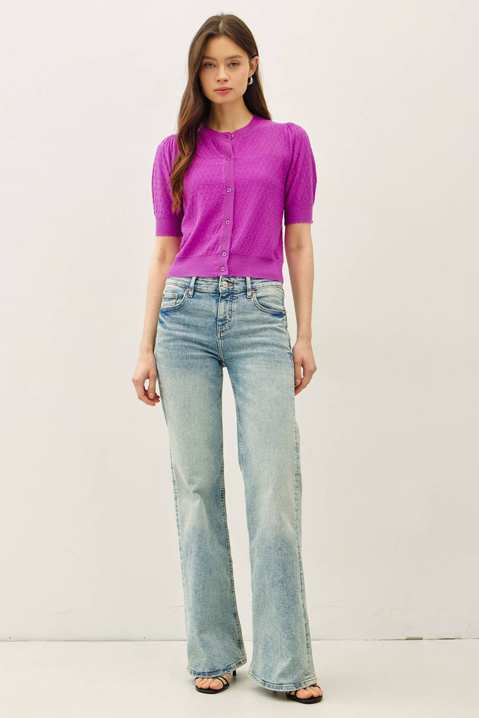 Pointelle Puff Sleeve Cardigan: Orchid