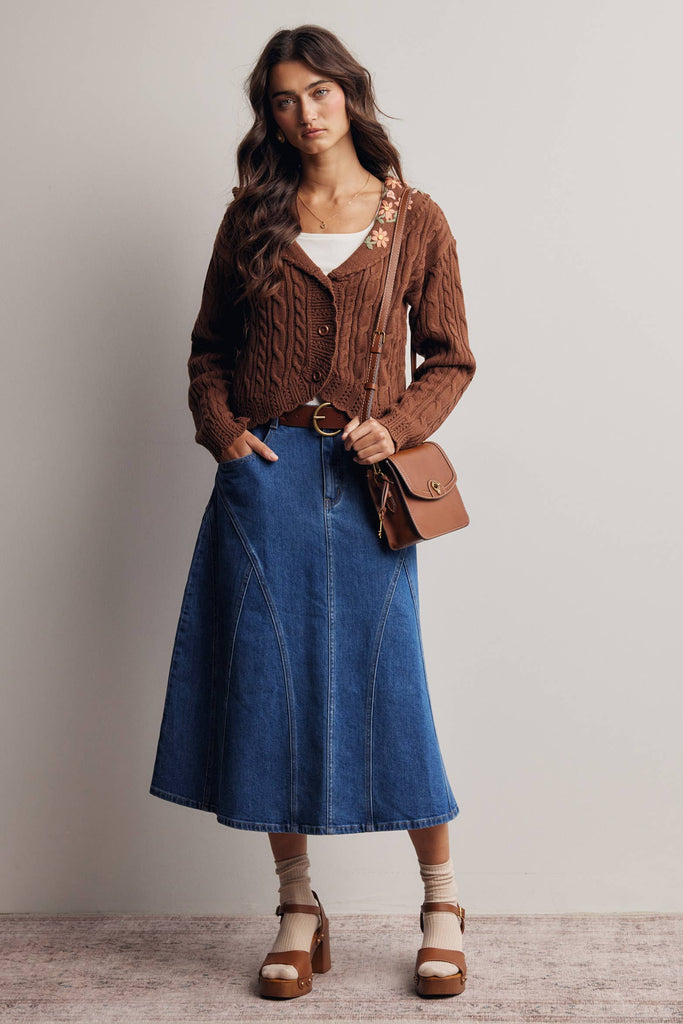 Paneled A-Line Stretch Denim Skirt