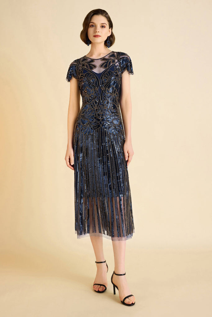 Midnight Blue Beaded Flapper Dress