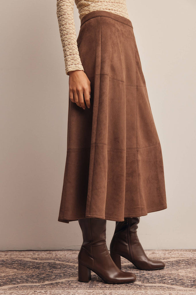 Stretch Suede A-Line Midi Skirt: Mocha