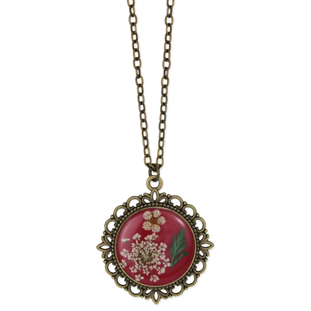 Antique Gold Dried Flower Necklace: Red
