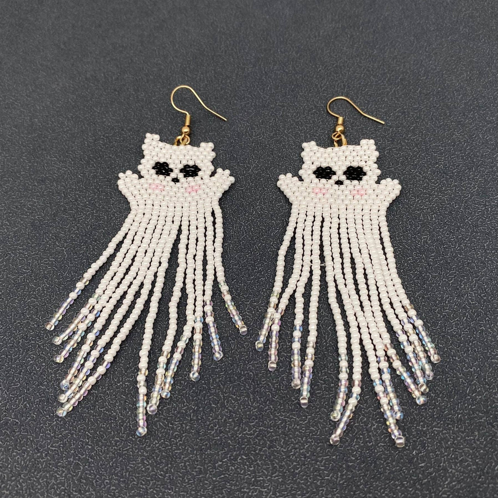 Ghost Cat Bead Fringe Earrings