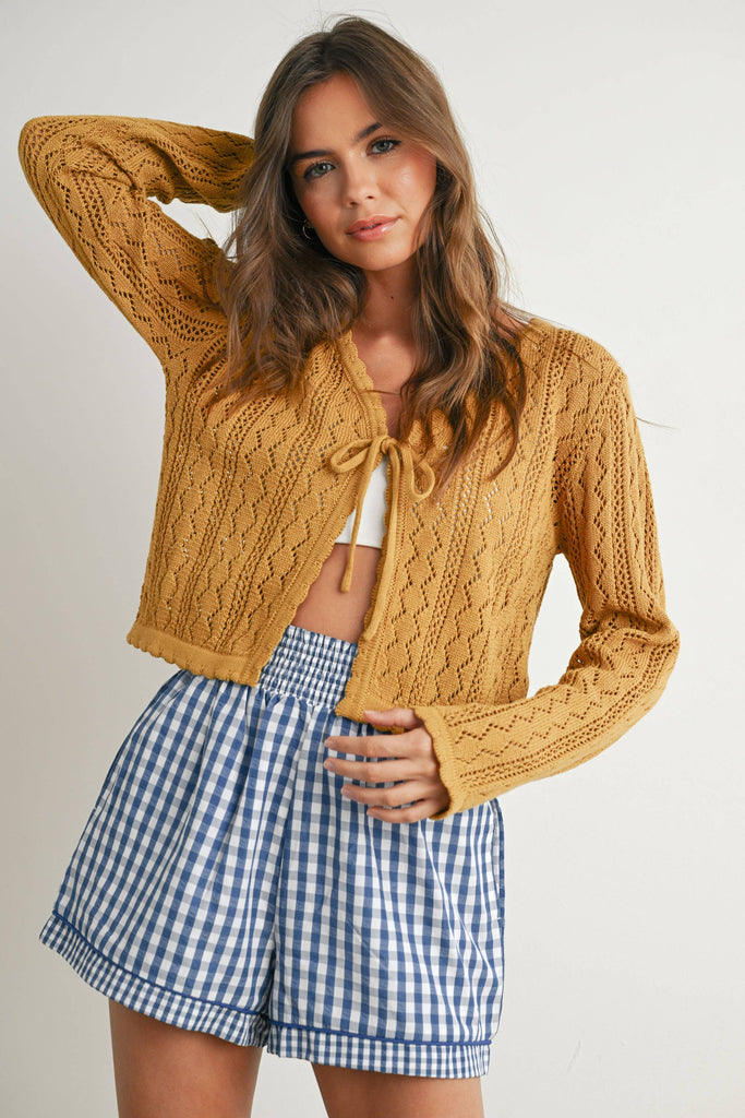 Cotton Crochet Tie-Front Cardigan: Honey