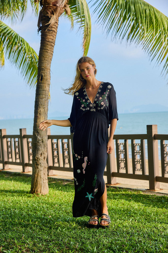Seahorse Embroidered Caftan Dress