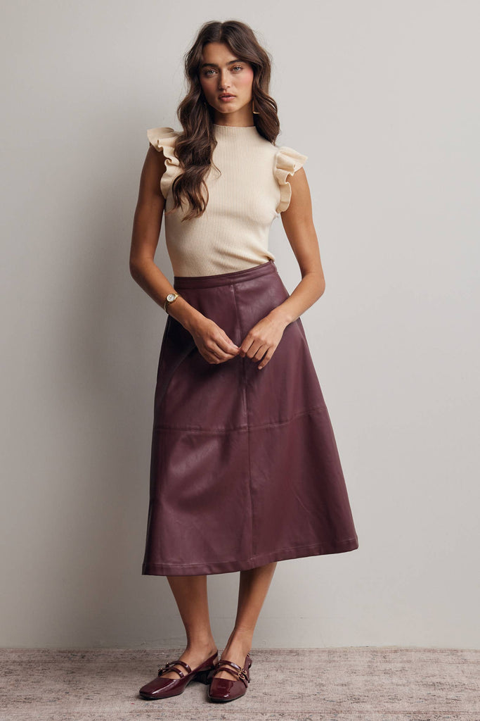 Faux Leather A-Line Midi Skirt: Burgundy