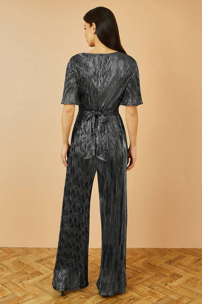 Black Silver Metallic Pleated Jumpsuit