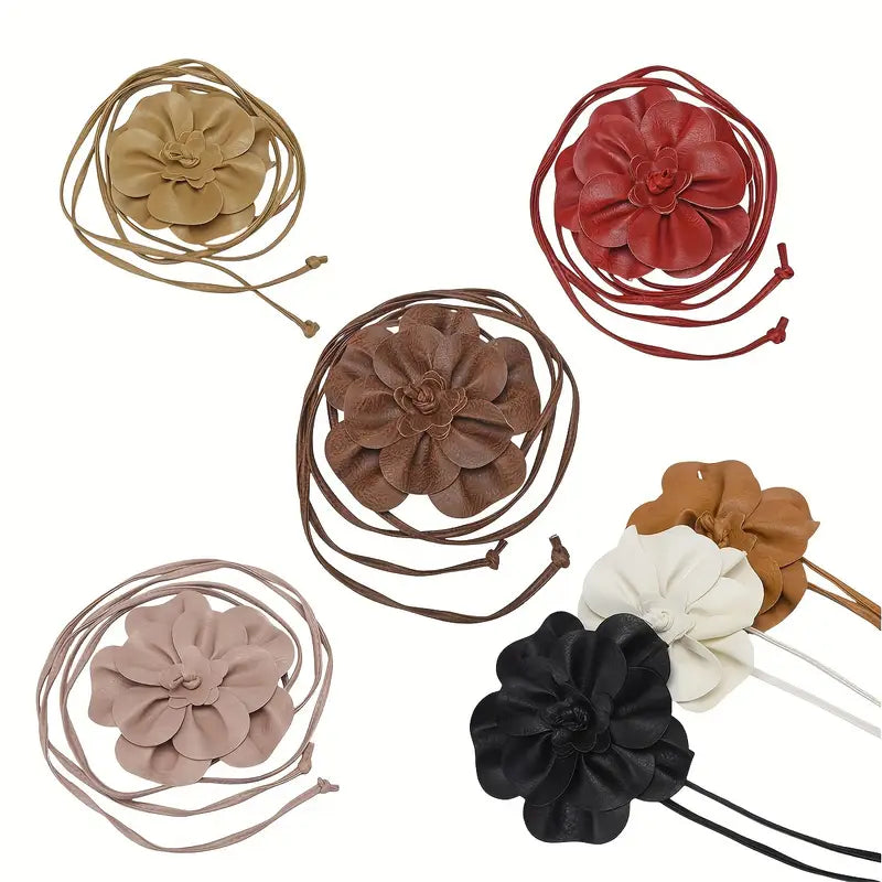 Floral Faux Leather Belt: Black