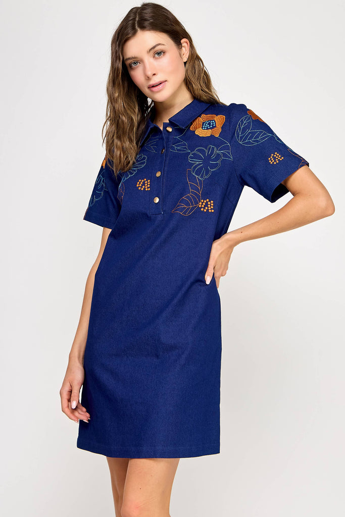 Embroidered Denim Mini Dress
