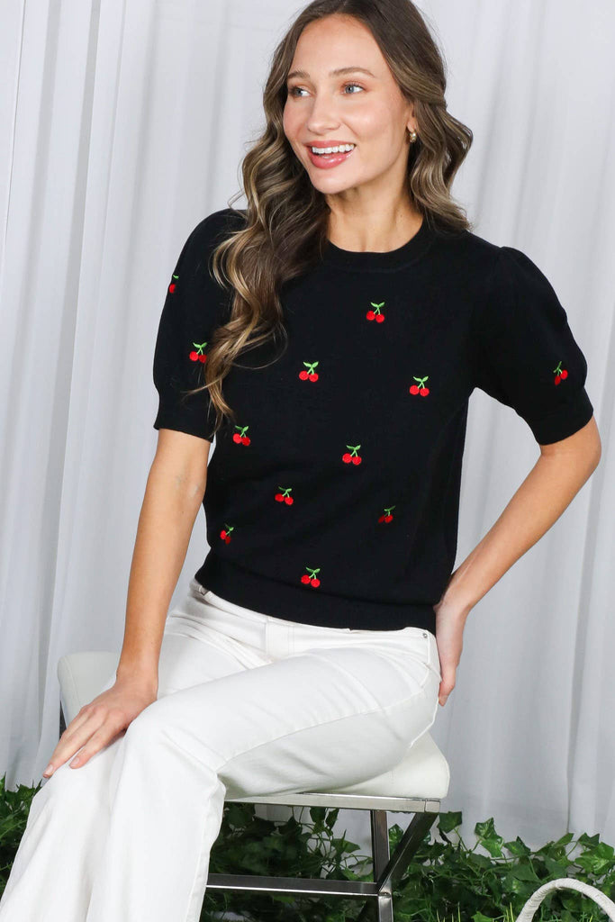 Cherry Embroidered Knit Sweater