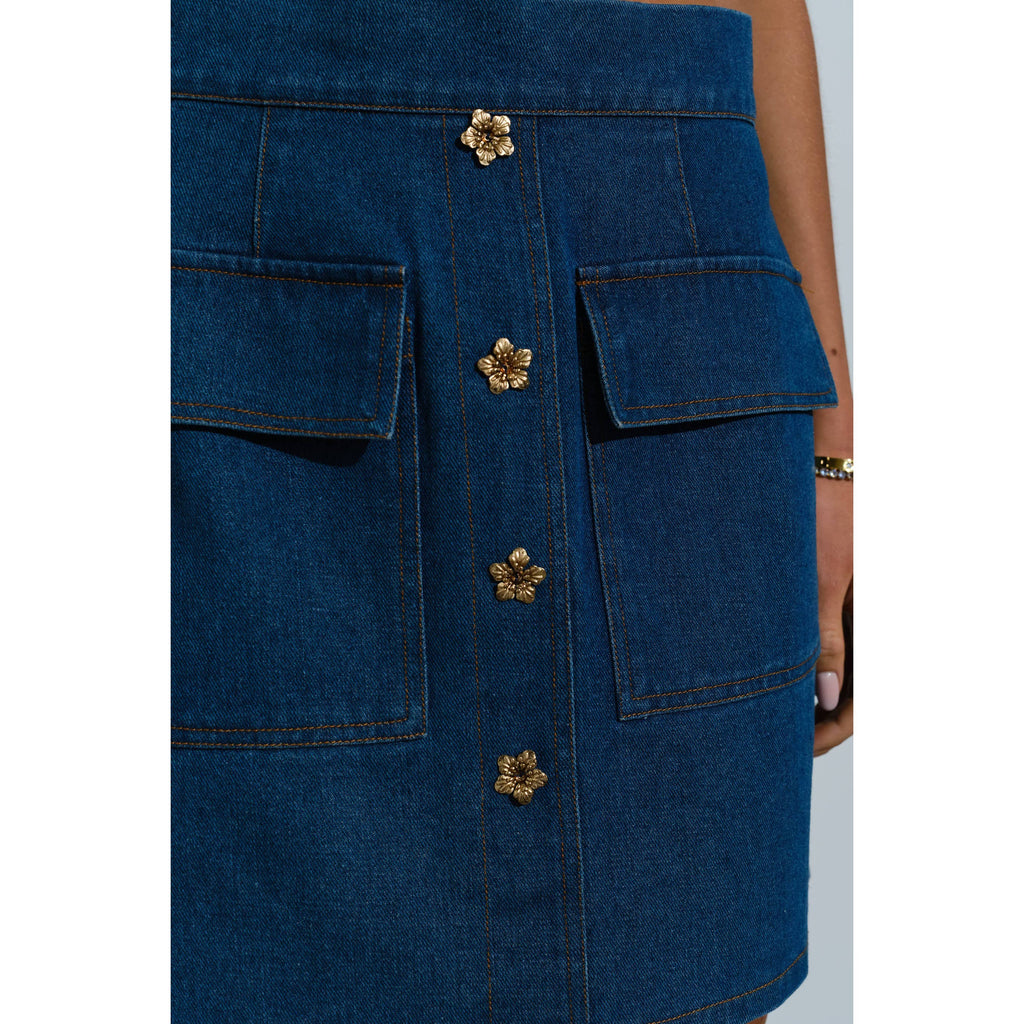 Gold Floral Button Denim Mini Skirt
