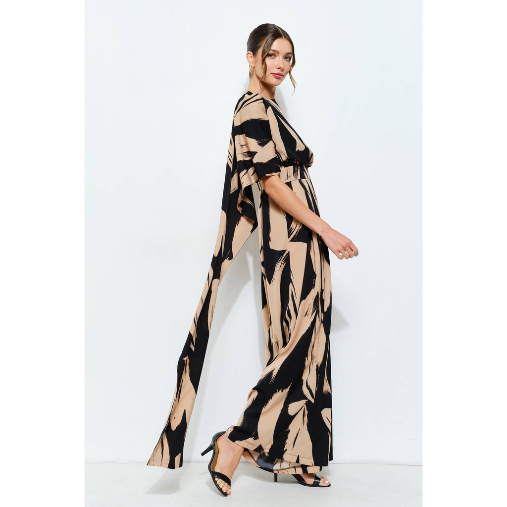 Abstract Draped Scarf-Neck Jumpsuit: