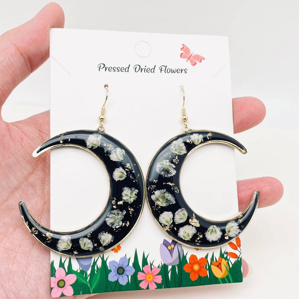 Baby's Breath Dried Flower Black Moon Earrings
