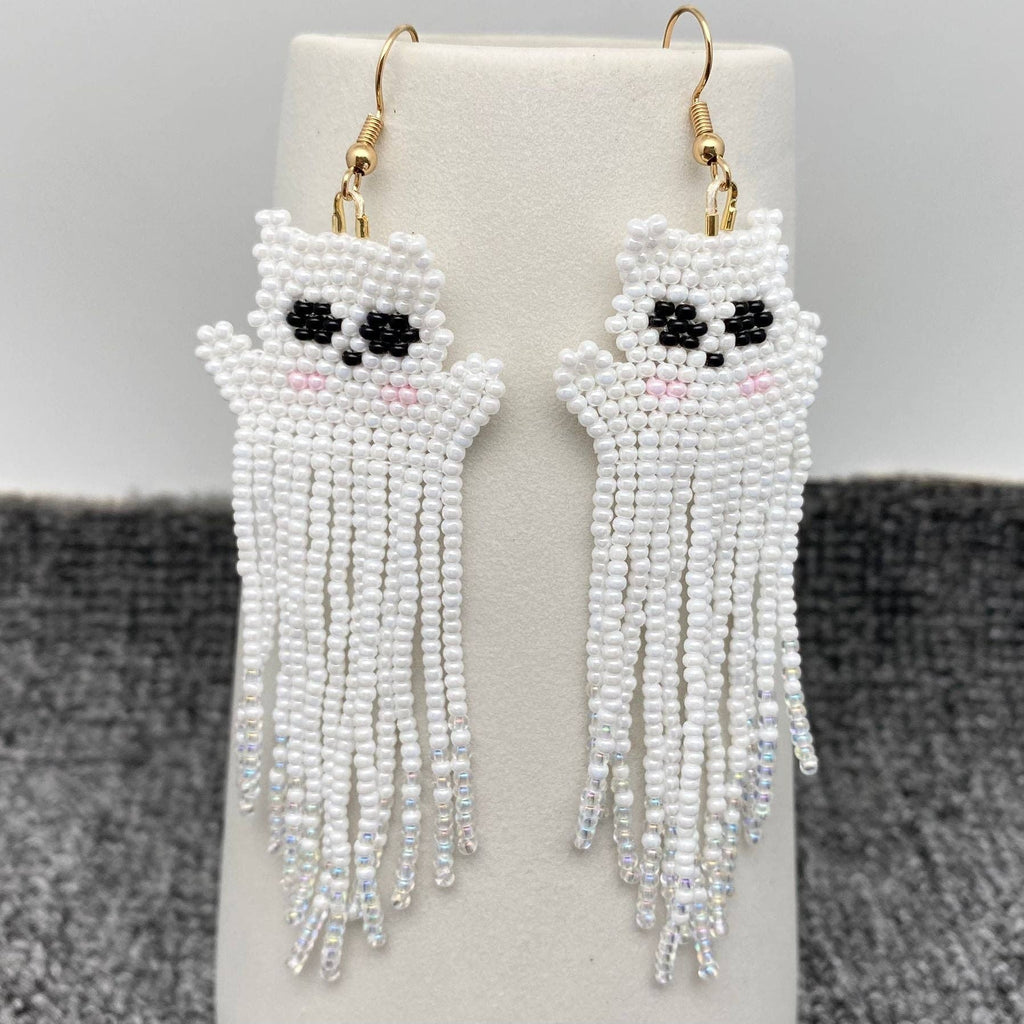 Ghost Cat Bead Fringe Earrings