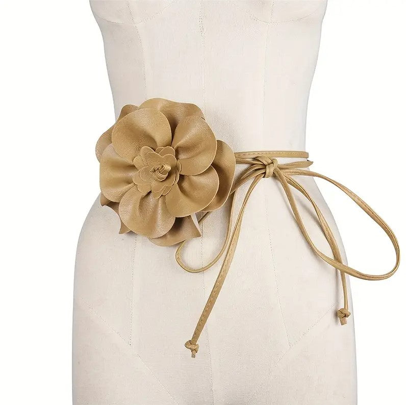 Floral Faux Leather Belt: Khaki