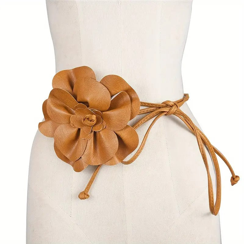 Floral Faux Leather Belt: Cognac
