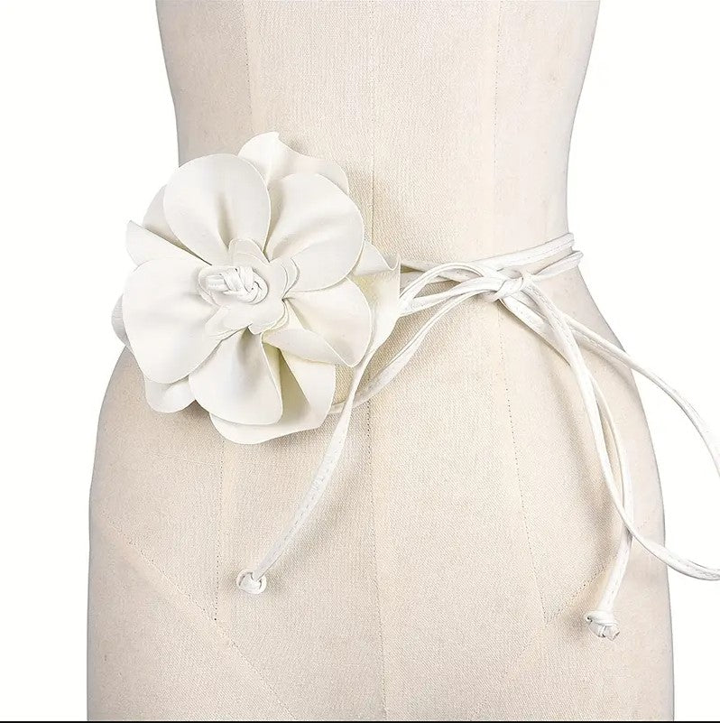 Floral Faux Leather Belt: White