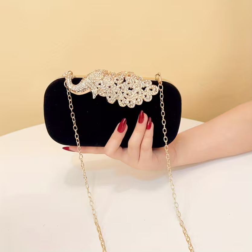 Glam Peacock Clam Shell Clutch: Black