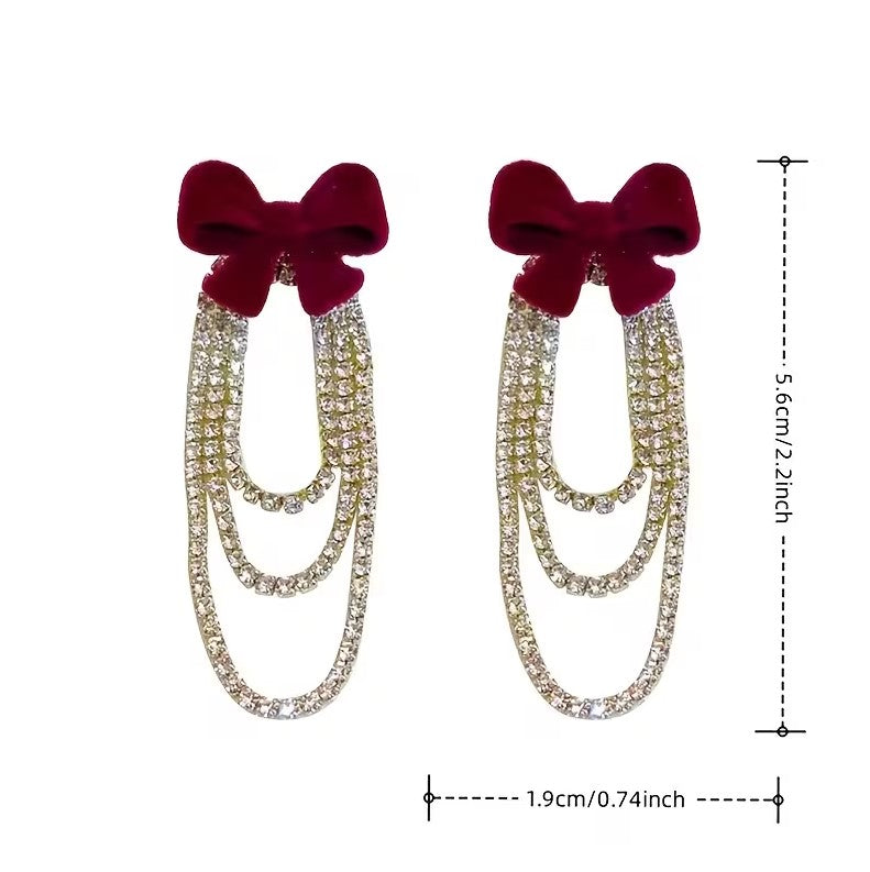 Velvety Bow Rhinestone Earrings: Red